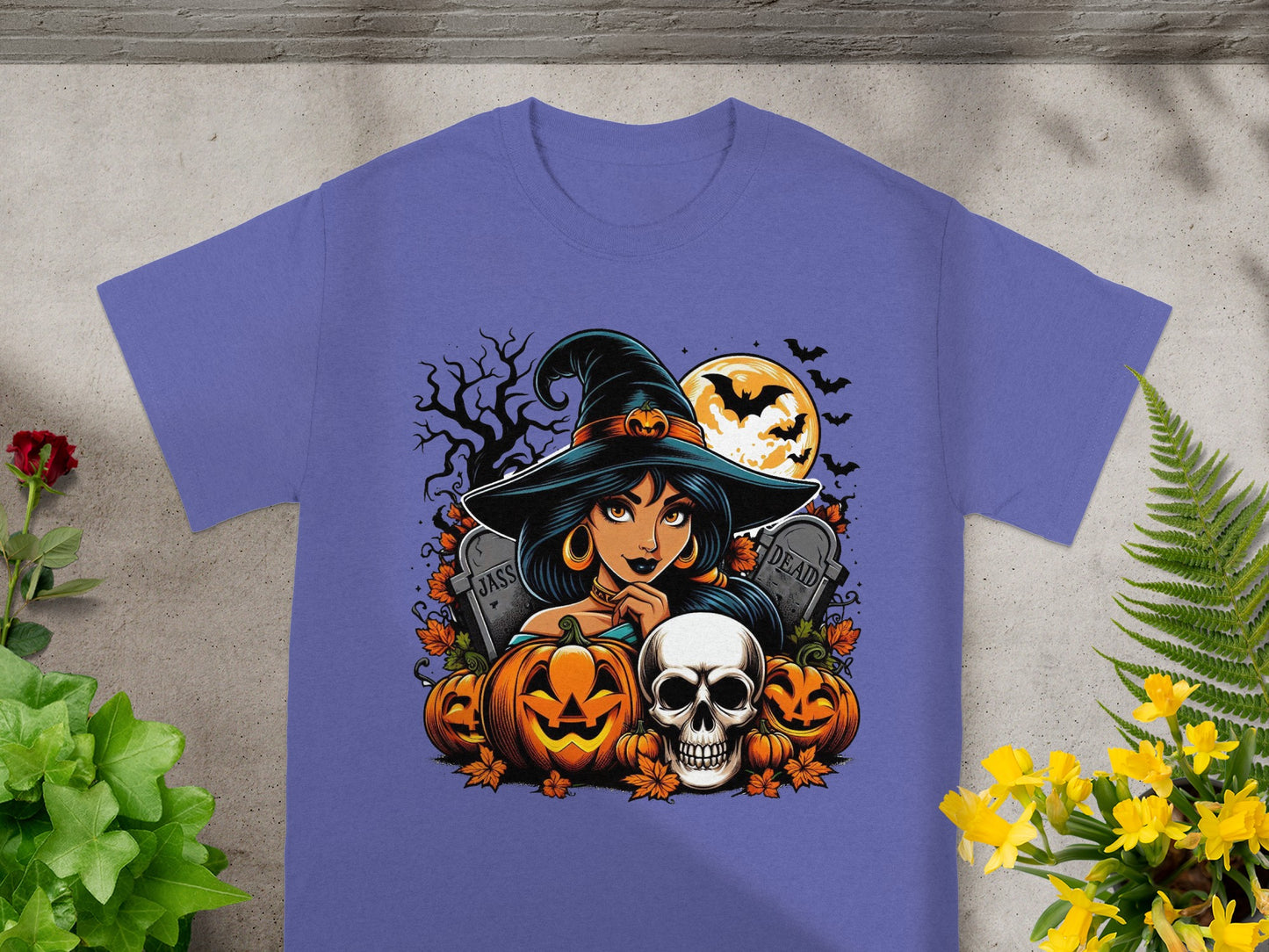 Halloween witch with pumpkins, skull, tombstones, and bats under a full moon.