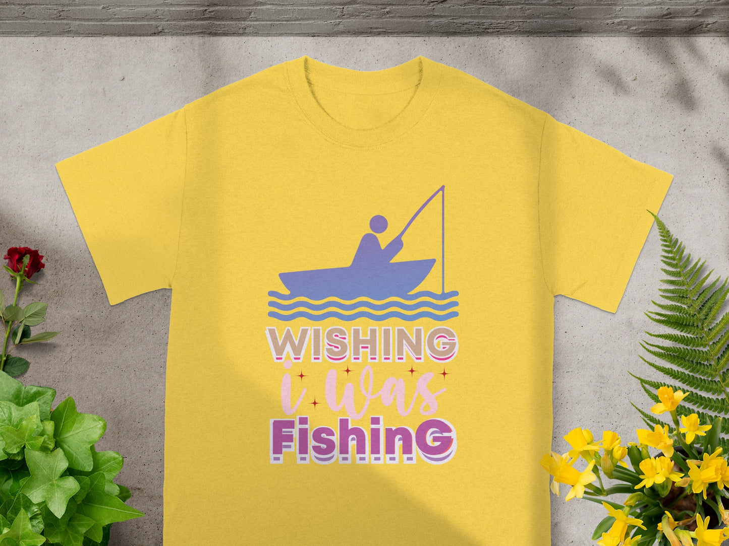 Yellow t-shirt with "WISHING I WAS Fishing" text and fishing graphic.
