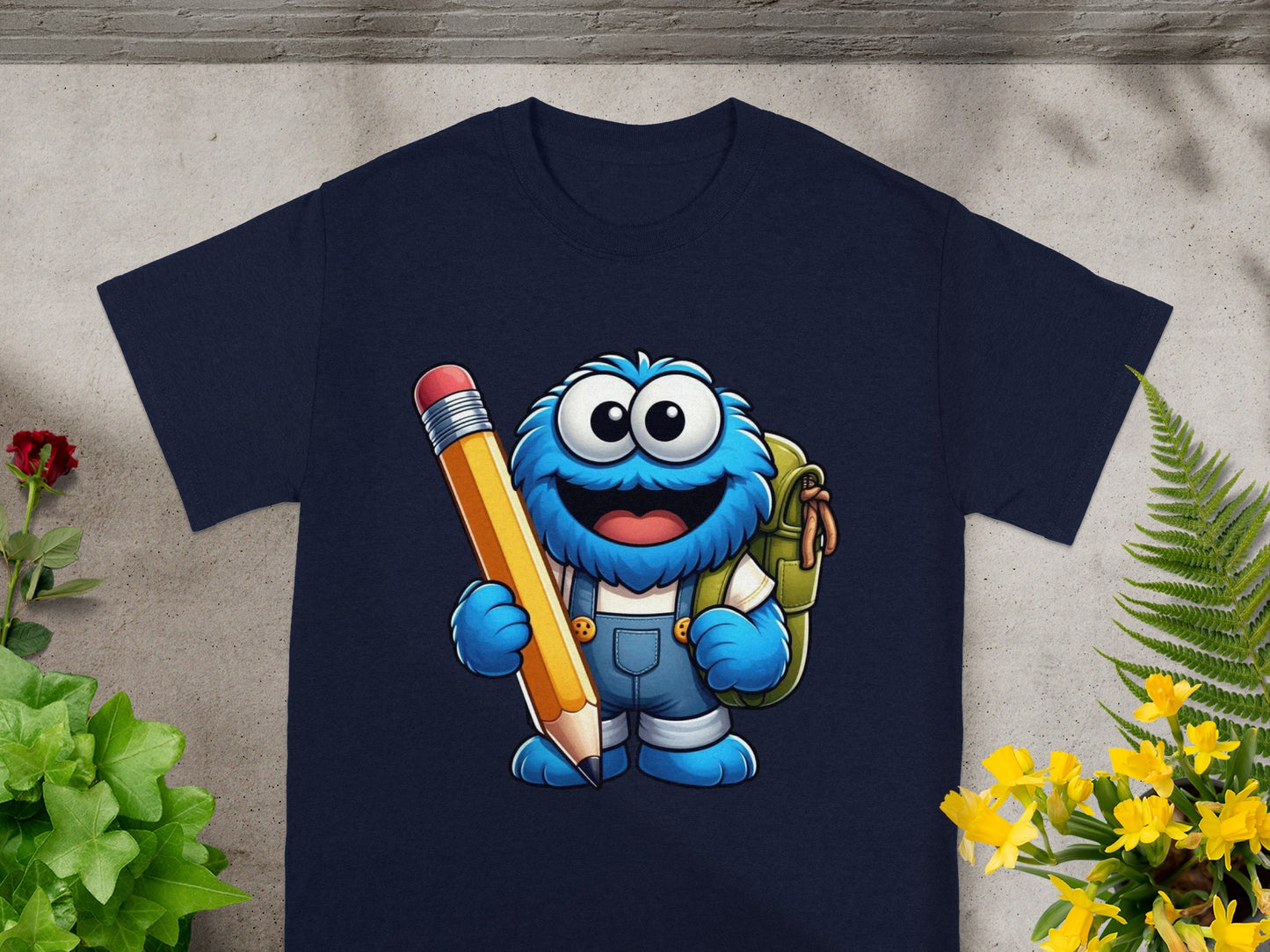 Blue monster with big eyes and backpack holding a yellow pencil.