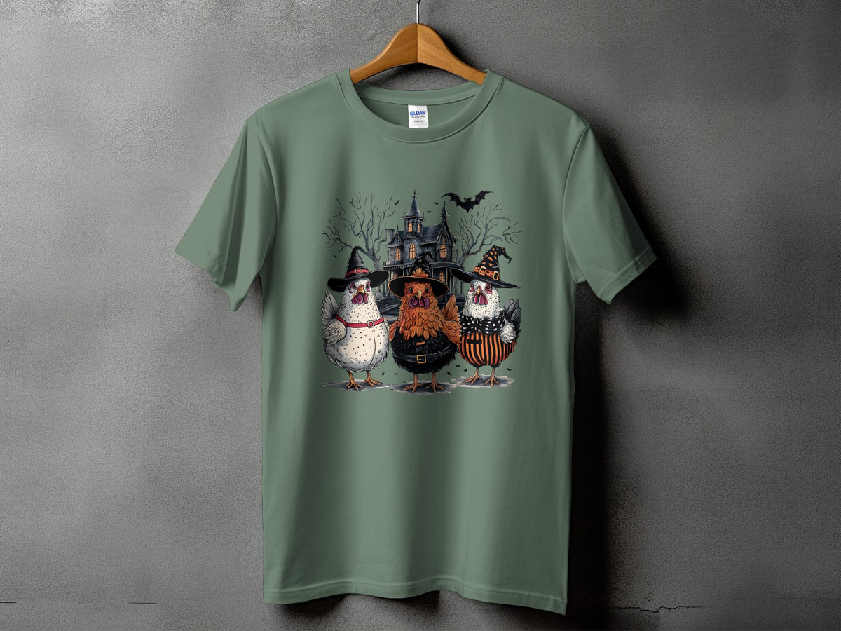 Three chickens in Halloween costumes stand before a haunted house.