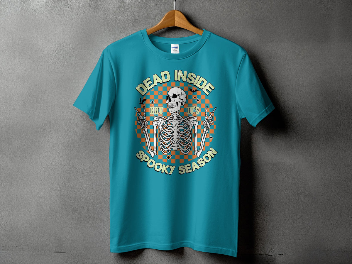 Teal t-shirt with skeleton graphic and text "Dead Inside But It's Spooky Season".