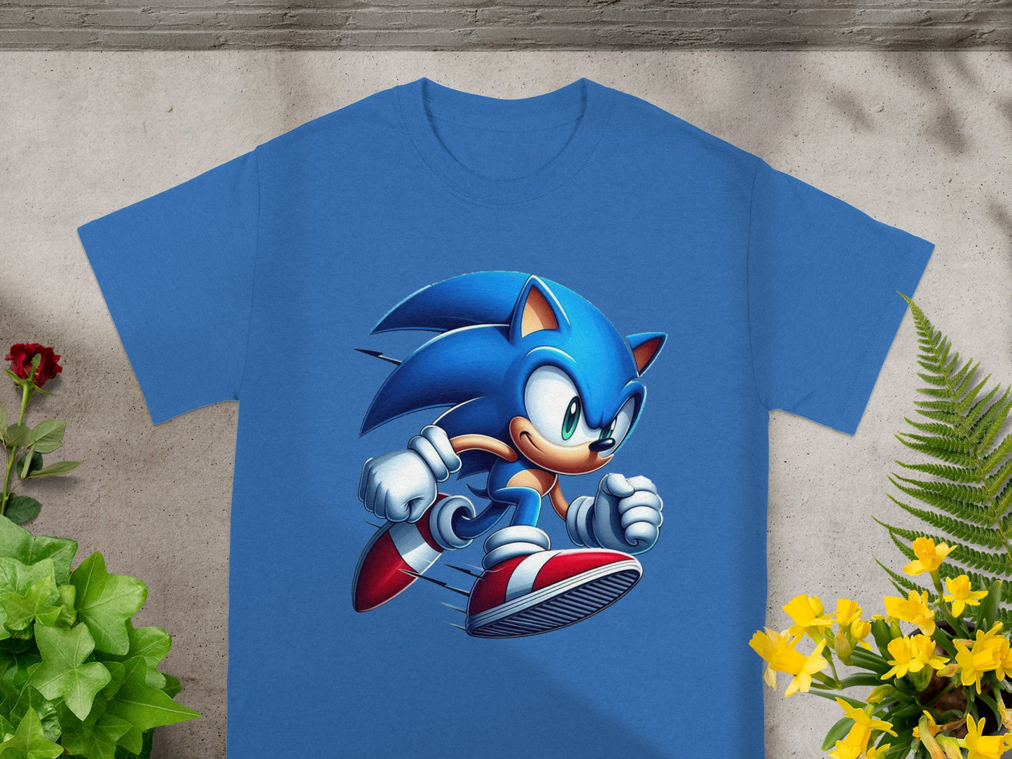 Blue t-shirt featuring Sonic the Hedgehog in a running pose.