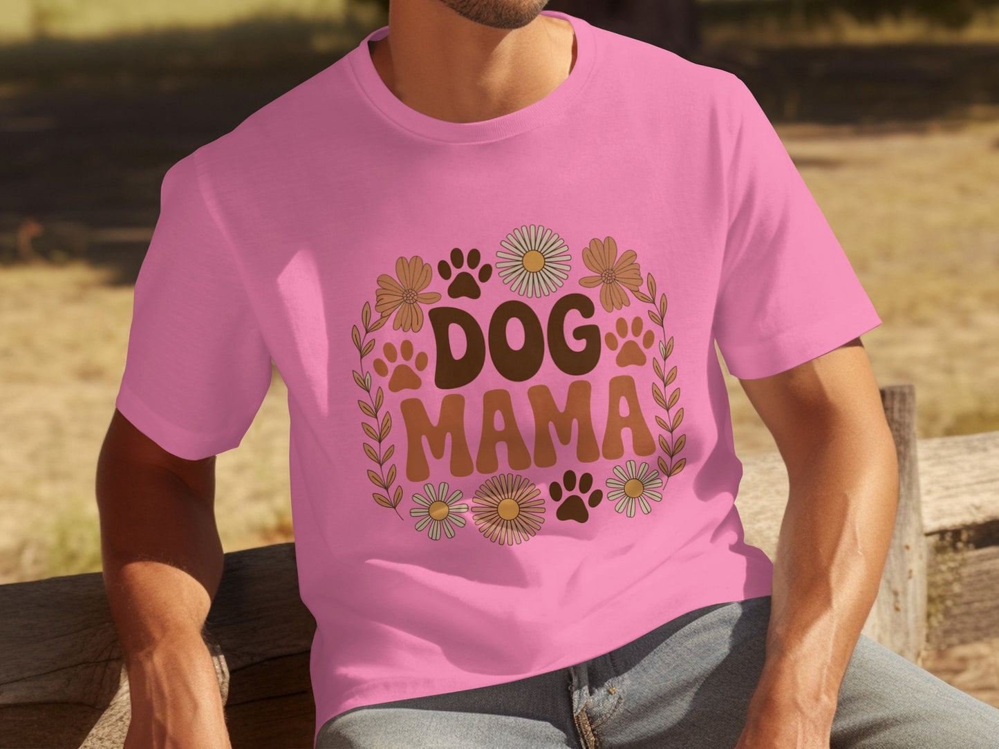 Pink Dog Mama T-Shirt with Floral and Paw Print Design