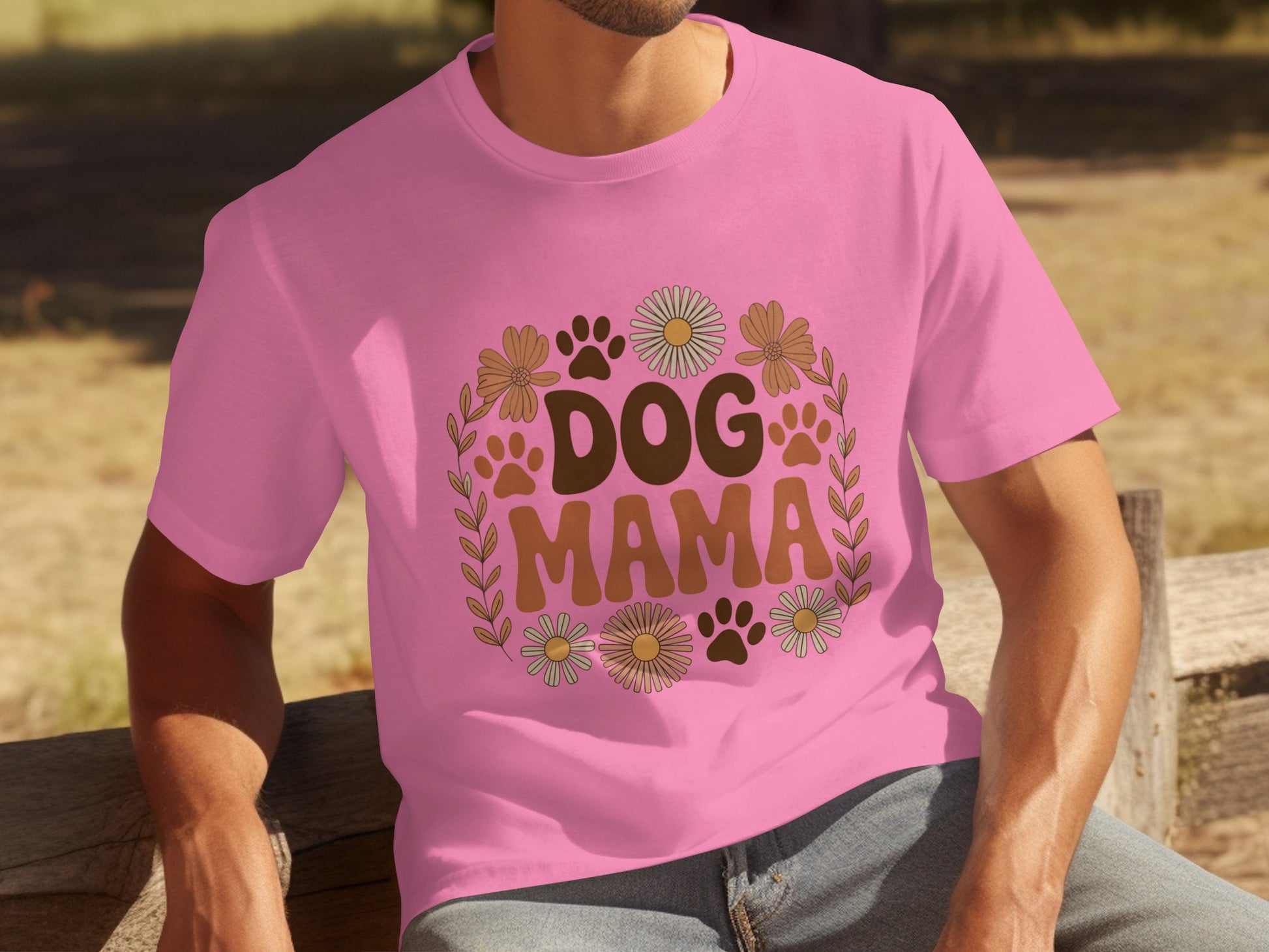 Pink Dog Mama T-Shirt with Floral and Paw Print Design