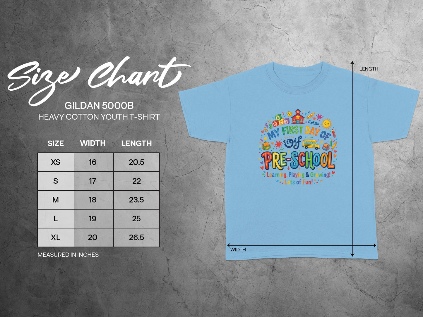 Gildan 5000B youth t-shirt size chart with width and length measurements.