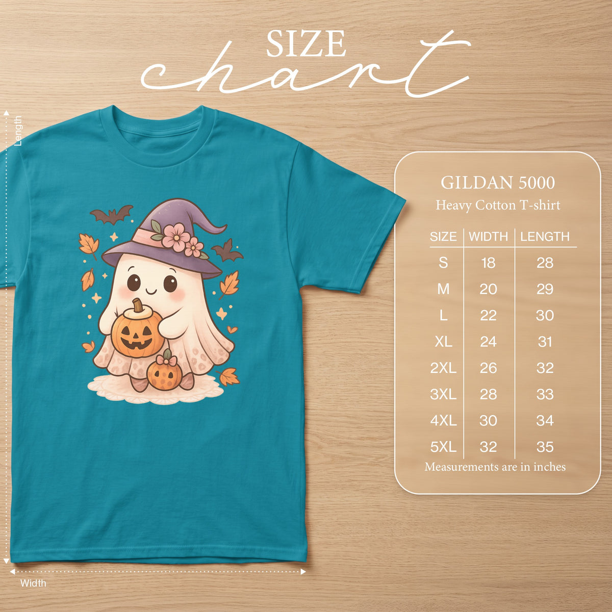 Teal Gildan 5000 t-shirt featuring a cute ghost with a witch hat and pumpkins, with a size chart.
