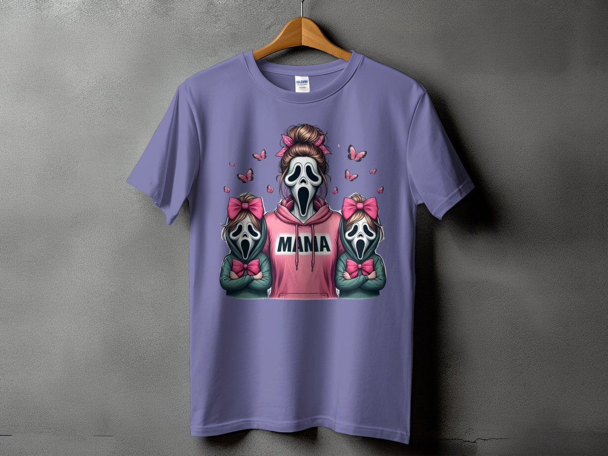 Ghostface mama graphic with two children on a lavender t-shirt.