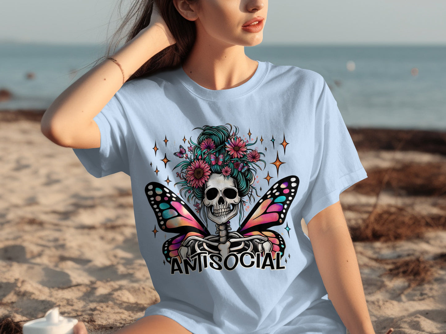 Antisocial Skull and Butterfly Illustration Shirt