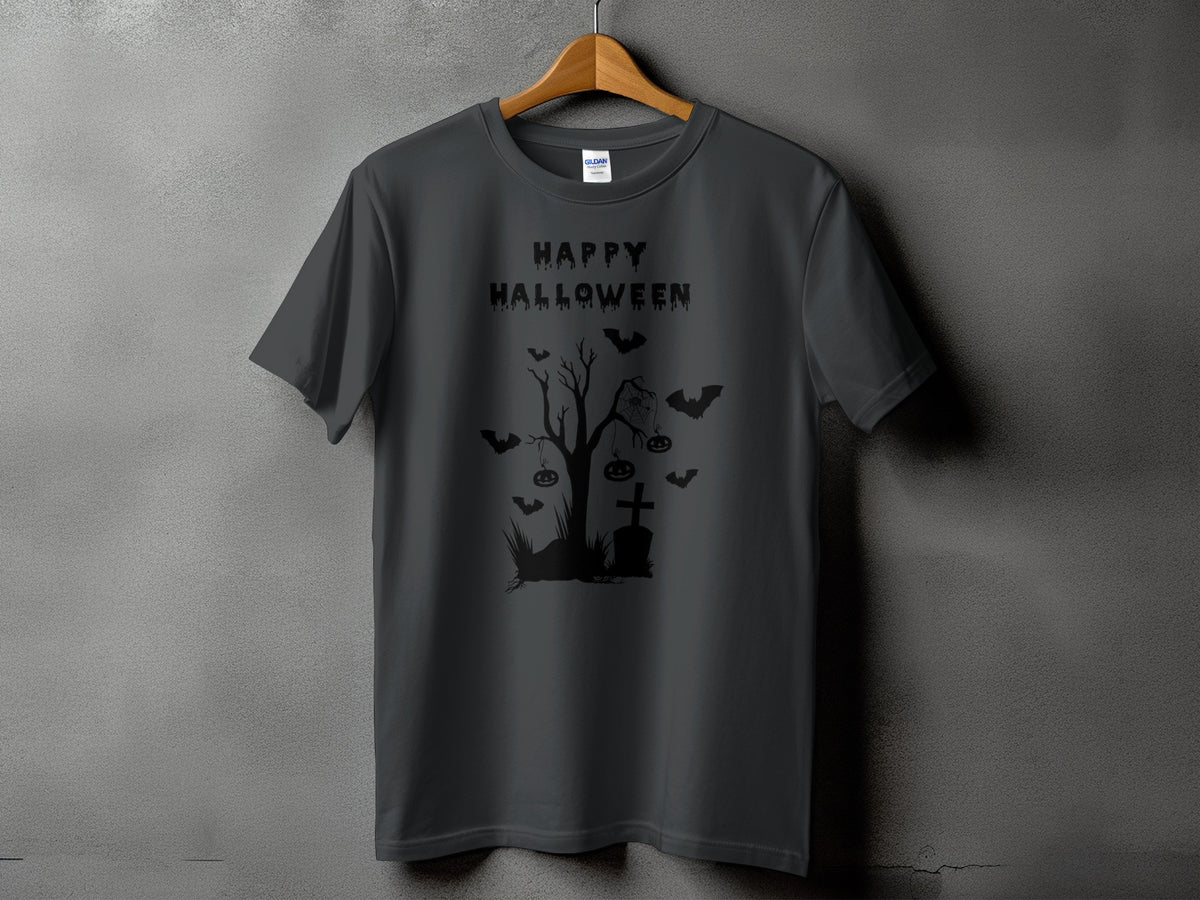 Dark gray t-shirt with black Halloween graphic featuring text and spooky elements.