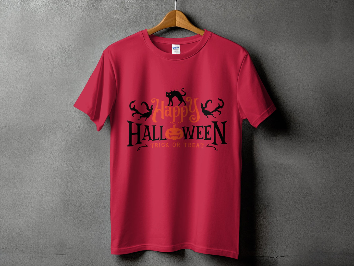 Red t-shirt with black and orange "Happy Halloween Trick or Treat" graphic.
