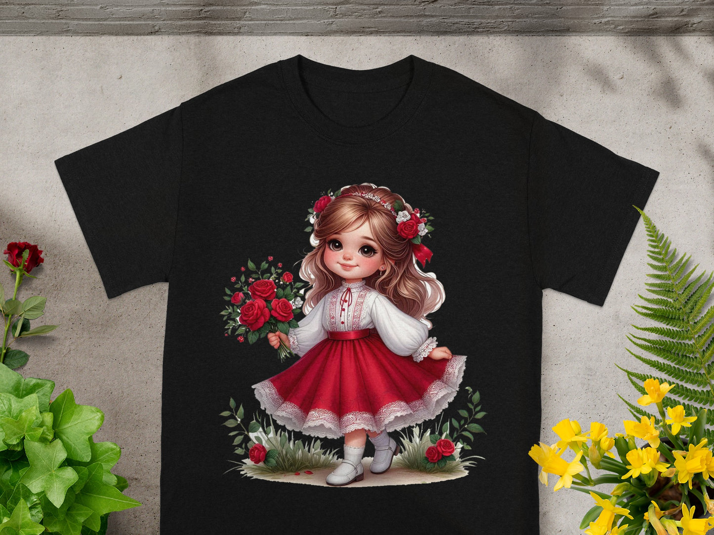 Black t-shirt with a graphic of a girl in a red dress holding roses.