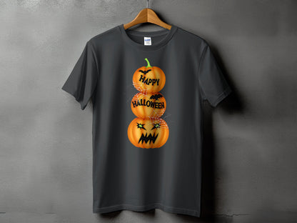 Dark grey t-shirt with stacked Halloween pumpkins saying "Happy Halloween".
