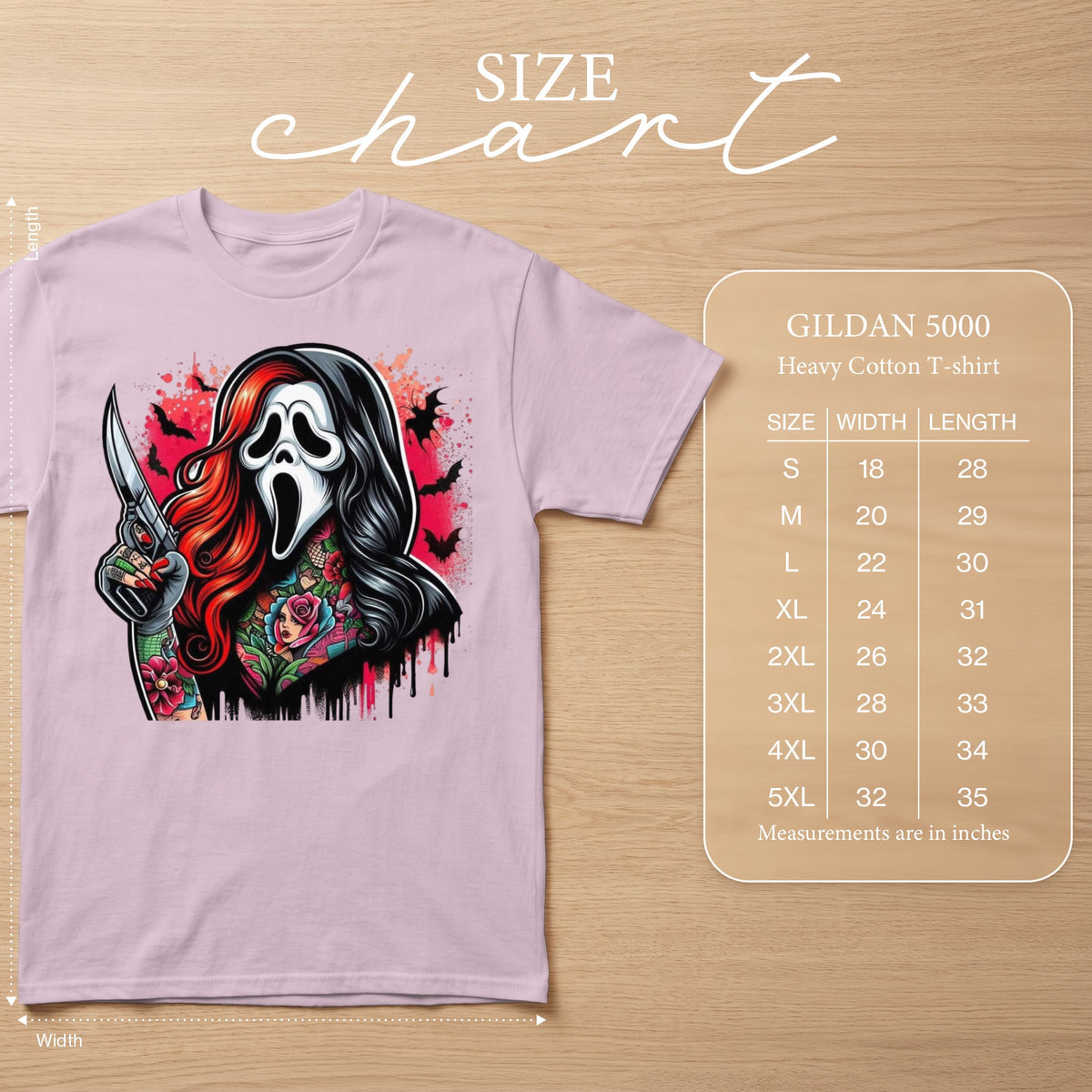 Pink Gildan 5000 t-shirt with a Ghostface-inspired design and size chart.