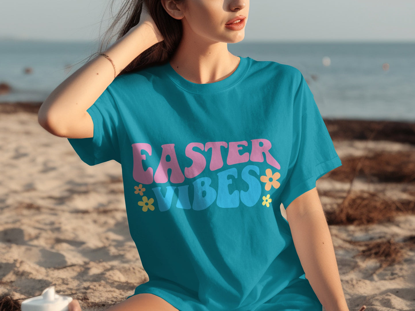 Easter Vibes Graphic Teal T-shirt for Beach Outings