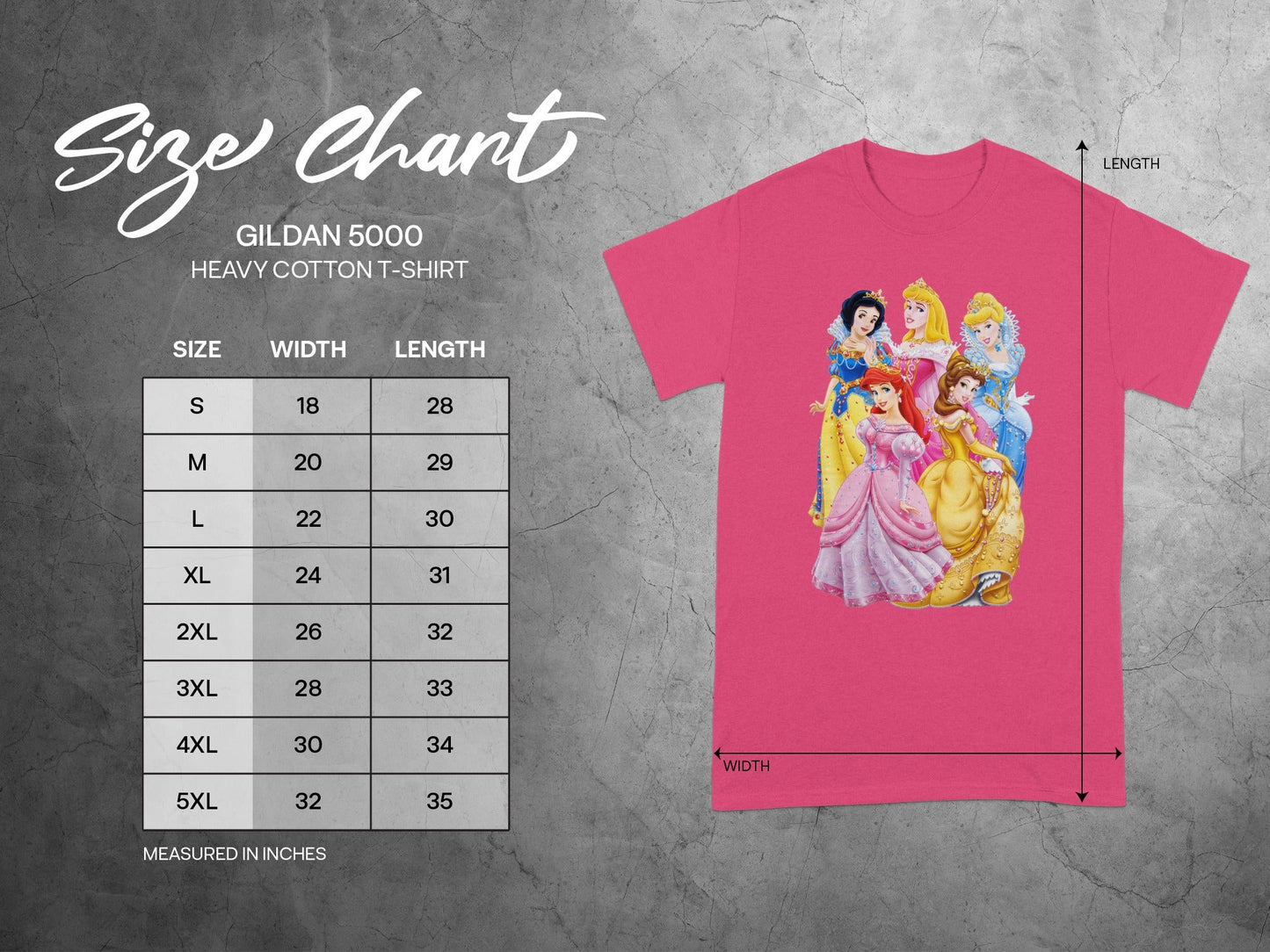 Pink Disney Princesses Size Chart Measured in Inches product type