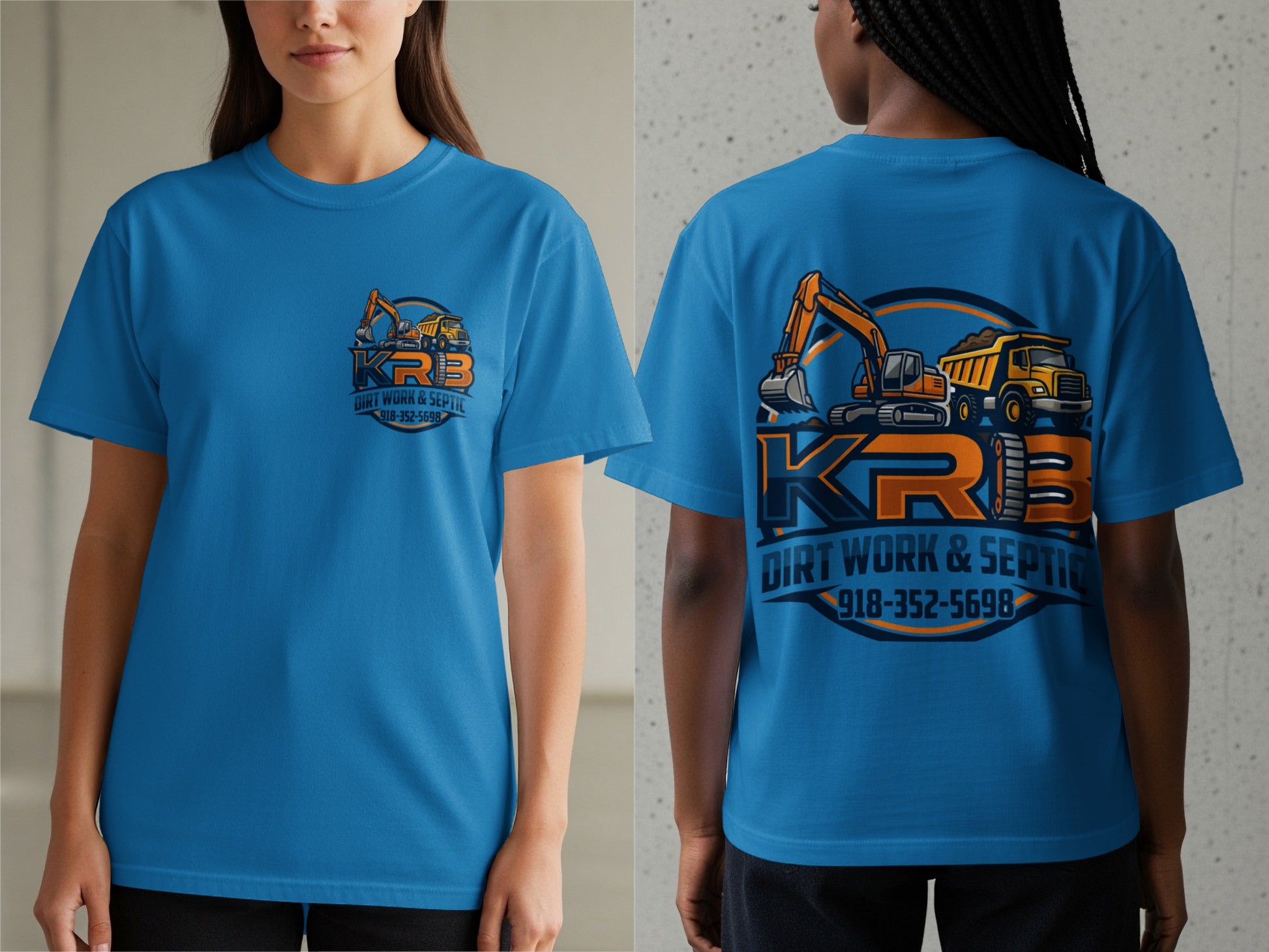 Blue t-shirt with logo for "KRB Dirt Work & Septic" and phone number 918-352-5698.