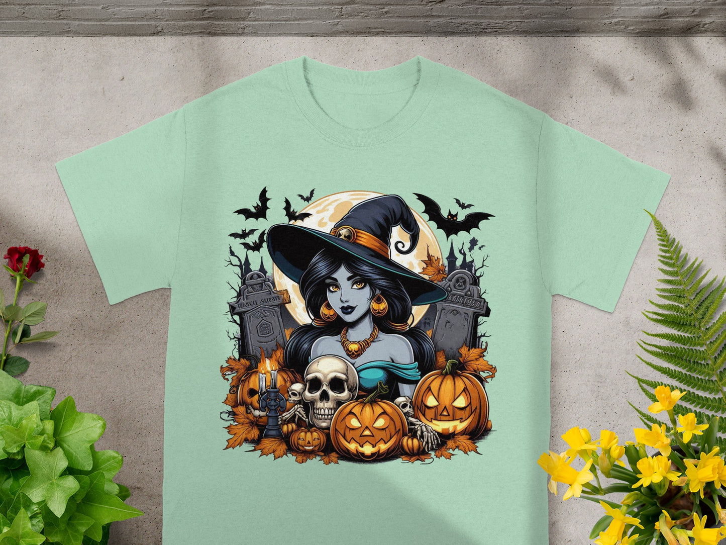 Halloween graphic with witch, pumpkins, skulls, bats, and gravestones.