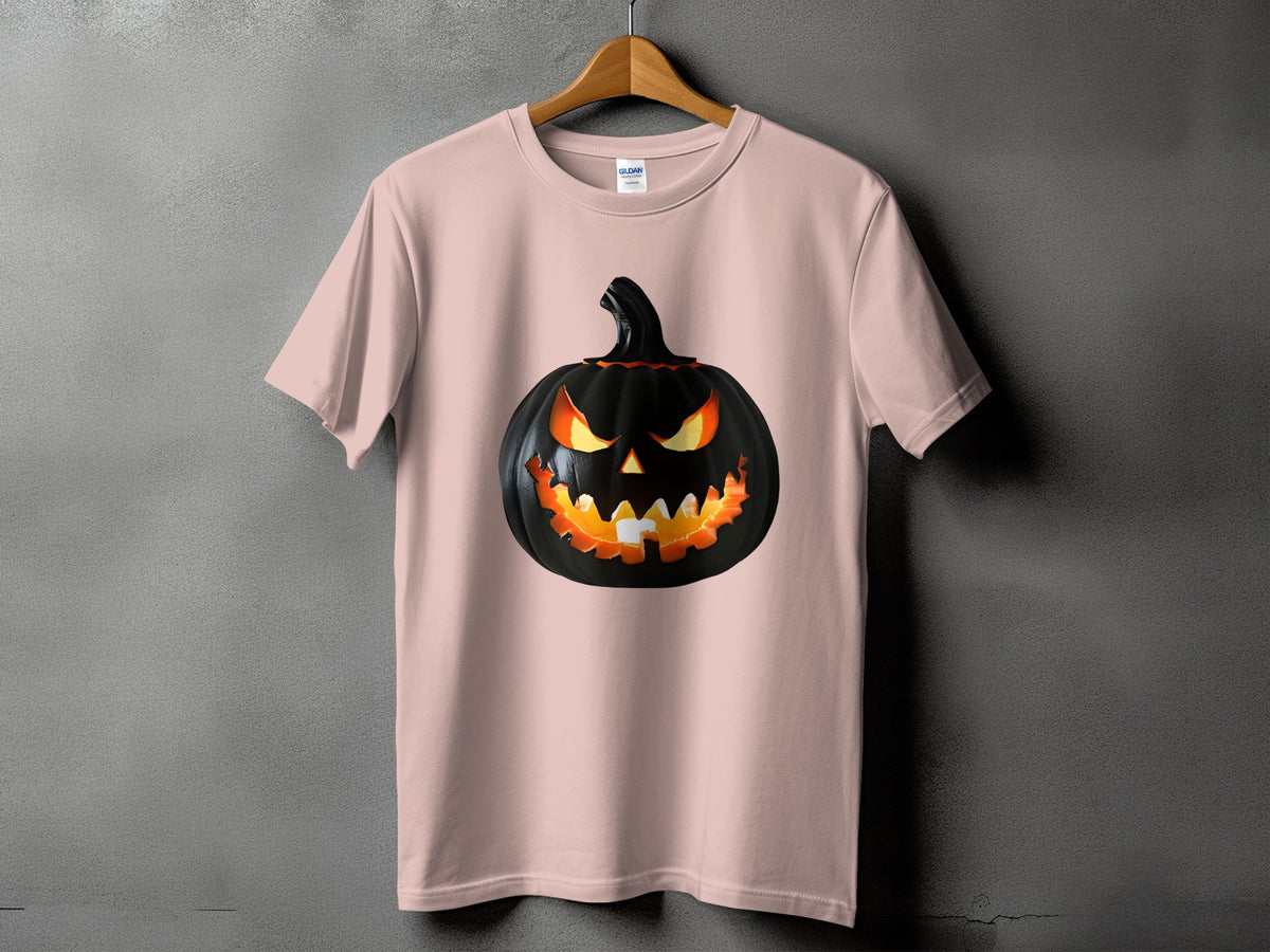 Pink t-shirt with a black, glowing jack-o'-lantern graphic.