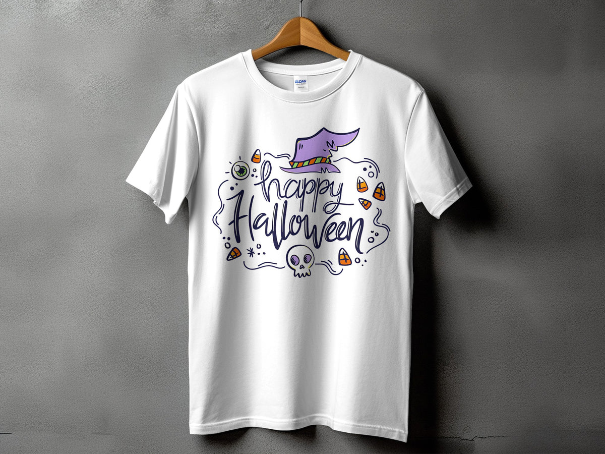White t-shirt with "Happy Halloween" text, witch hat, skull, and candy.