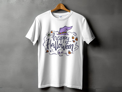 White t-shirt with "Happy Halloween" text, witch hat, skull, and candy.