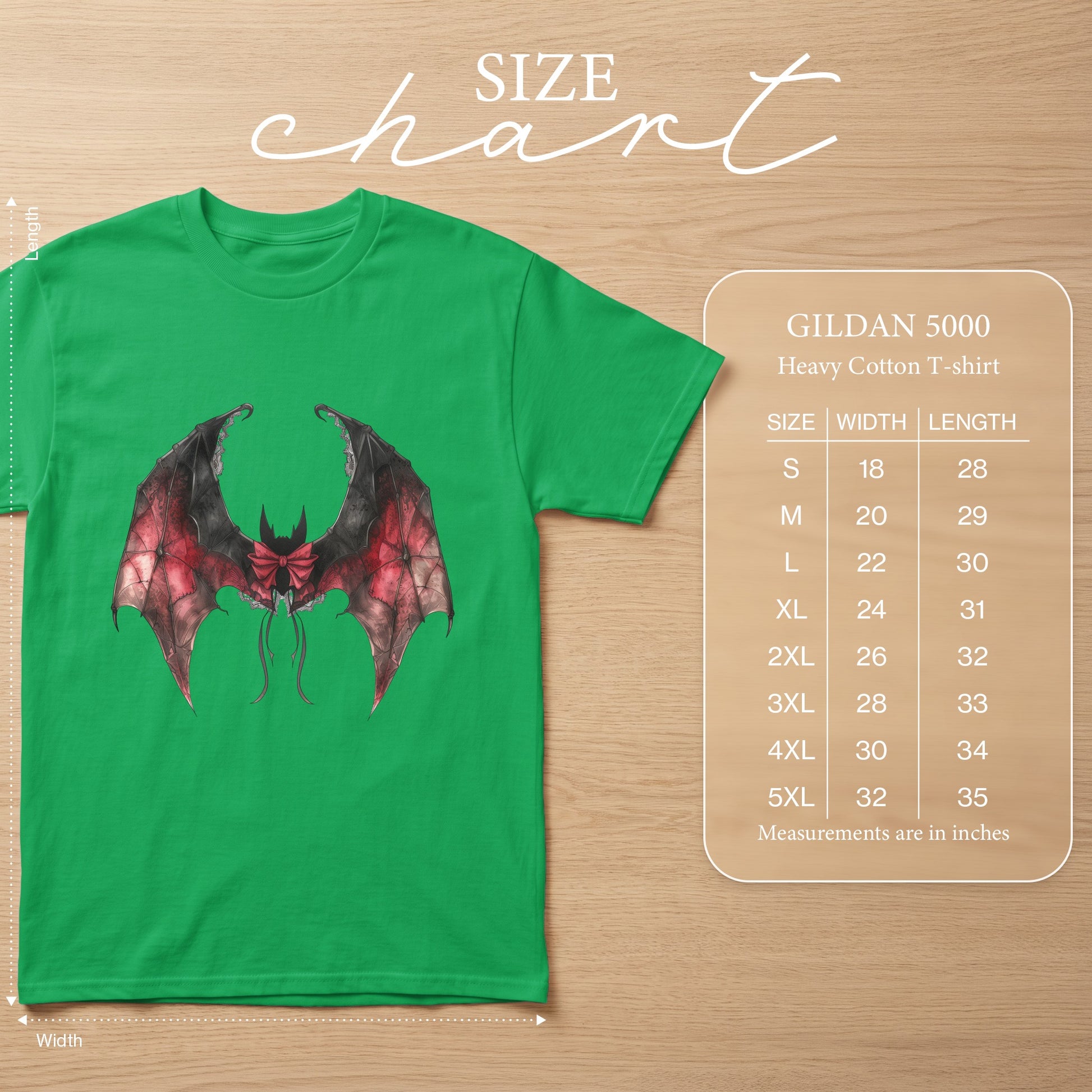 Green t-shirt with bat wings graphic and Gildan 5000 size chart.