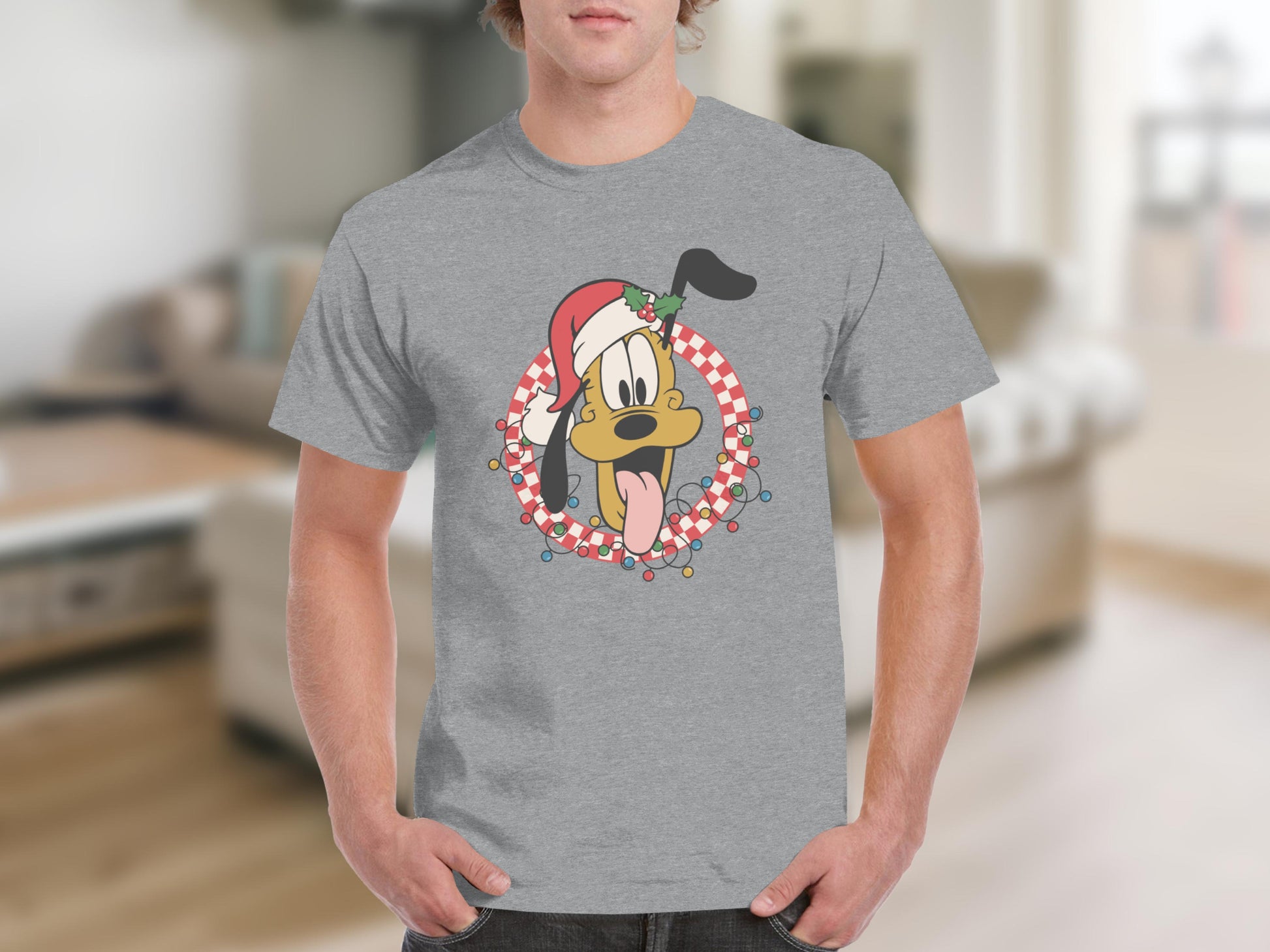 Christmas Dog with Hat Graphic Light Grey T-shirt Product