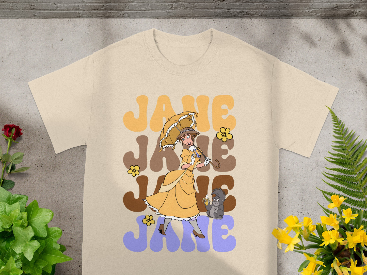 Jane cartoon character with umbrella and gorilla, retro-style text.