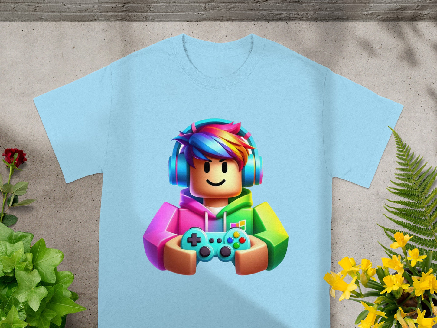 Roblox character wearing headphones and holding a game controller.