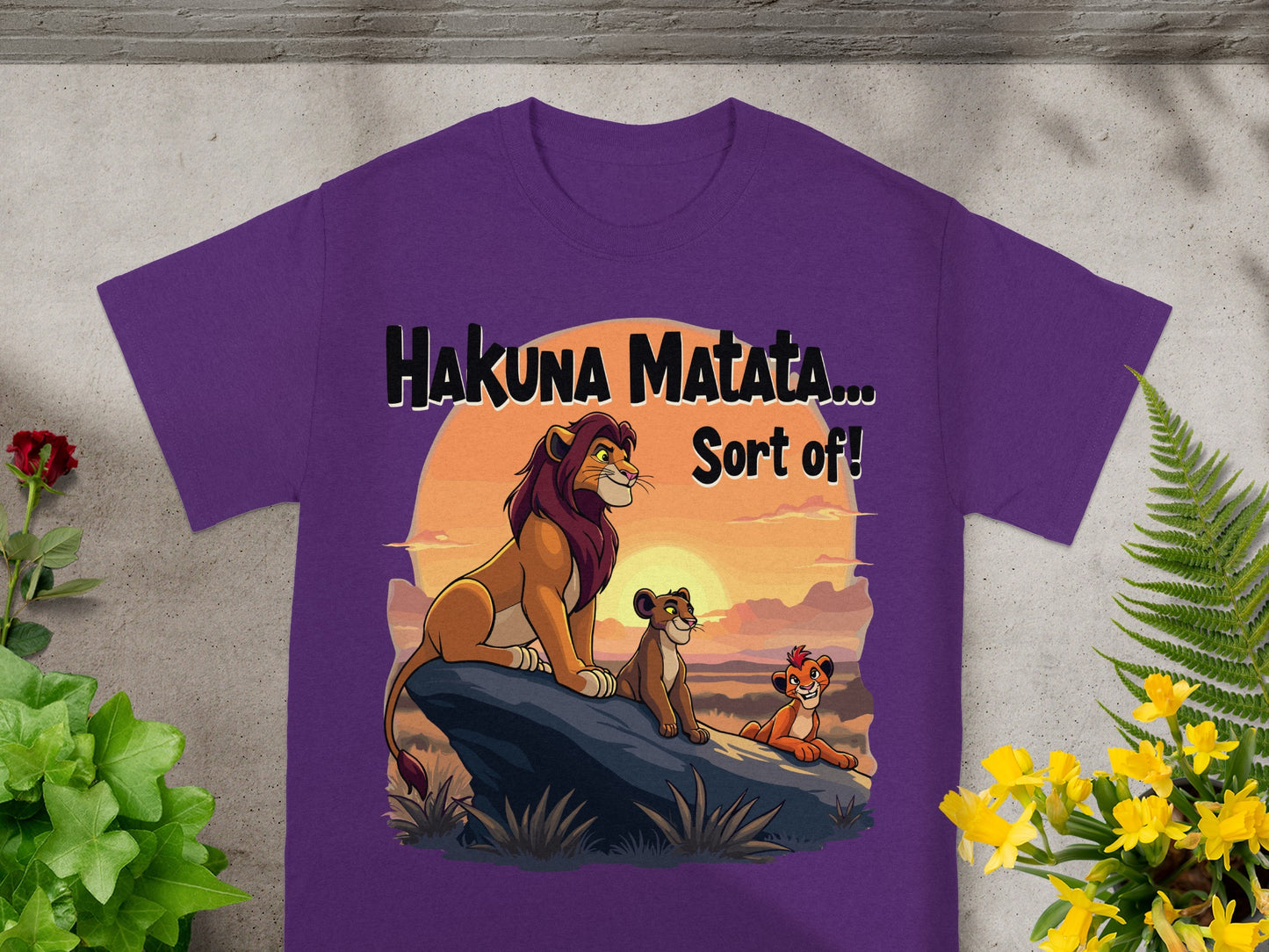 Purple t-shirt featuring "Hakuna Matata... Sort of!" with Simba, Nala, and Scar.