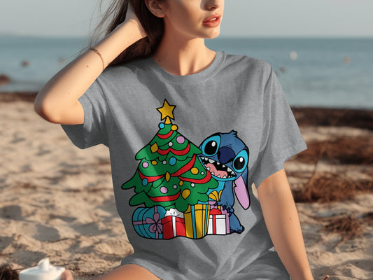 Stitch and Christmas Tree Graphic Tee for Holiday Fun