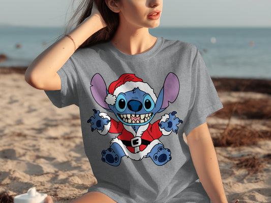 Cute Santa Stitch Character T-Shirt for Beach Casual Wear