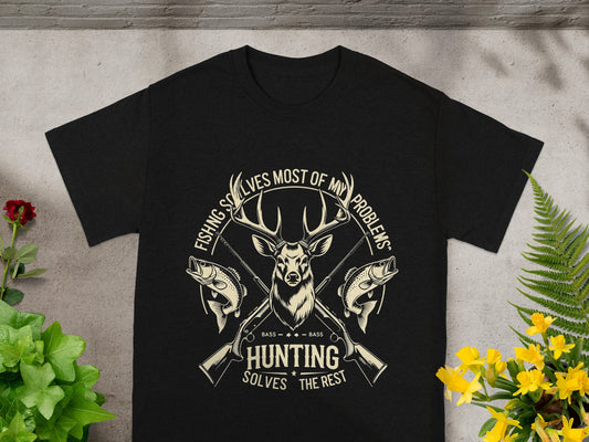 Black t-shirt with deer head, fish, rifles, and text: "Fishing solves most of my problems. Hunting solves the rest."