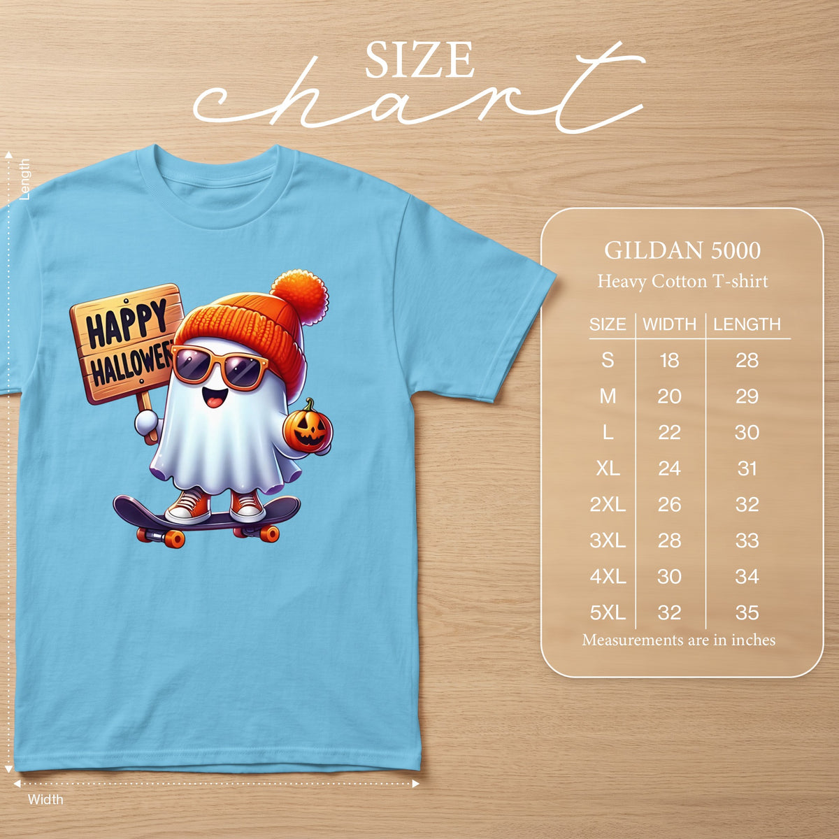Light blue t-shirt with a cartoon ghost on a skateboard, holding a "Happy Halloween" sign and pumpkin.
