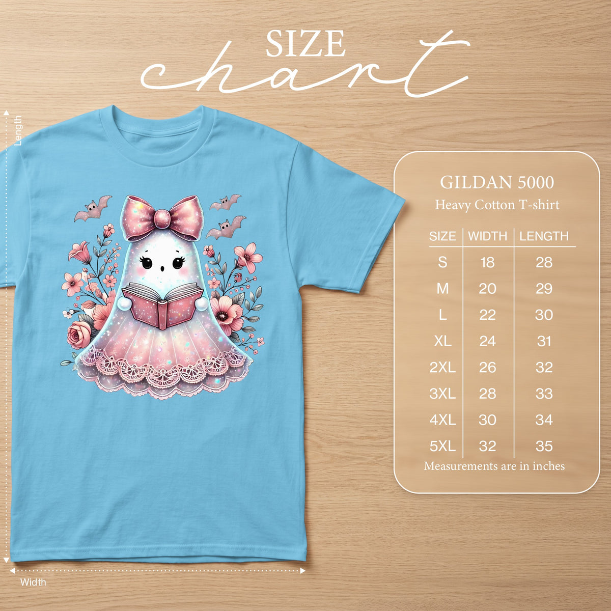 Gildan 5000 Heavy Cotton T-shirt size chart with measurements in inches.