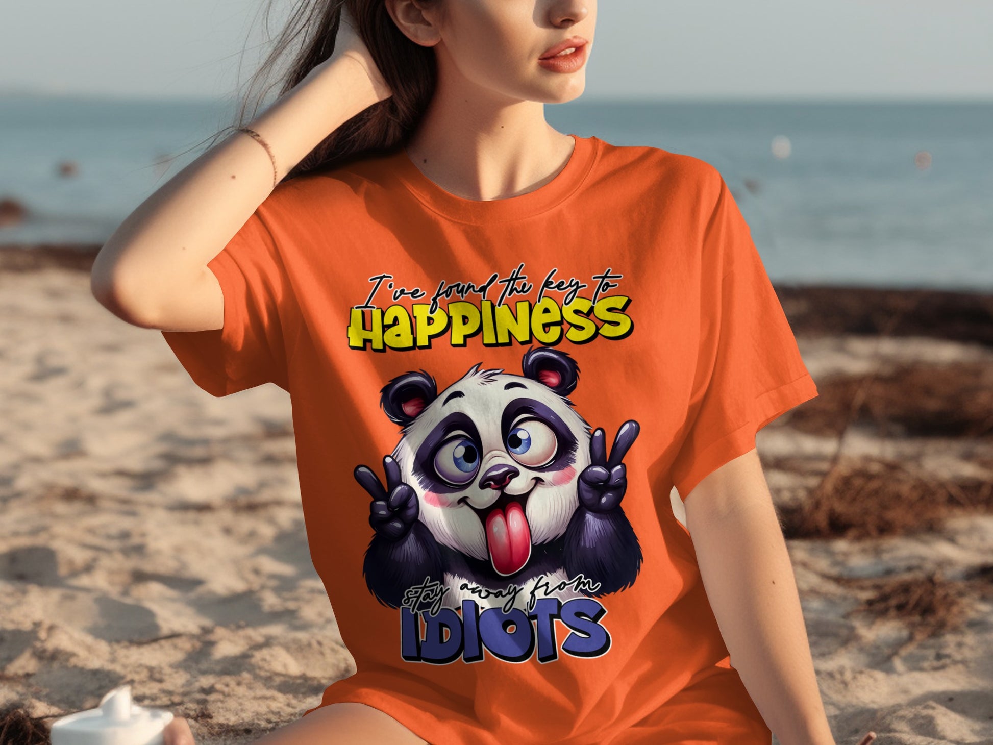 Colorful Panda Happiness Graphic on Orange Shirt