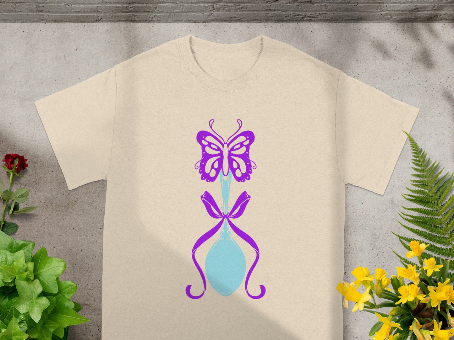 Purple Butterfly Design on Beige T-Shirt Product