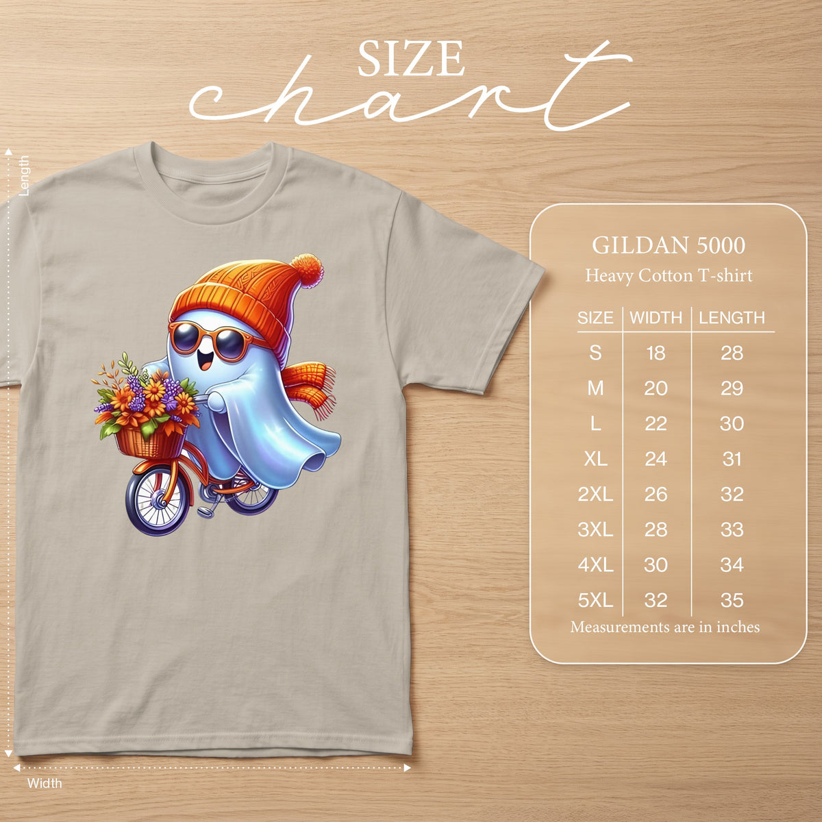 Ghost wearing hat and scarf riding bicycle with flowers, Gildan 5000 size chart.