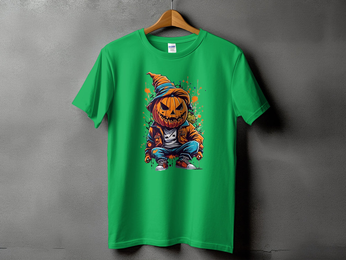 Green t-shirt with a cartoon pumpkin character wearing a hat and jacket.