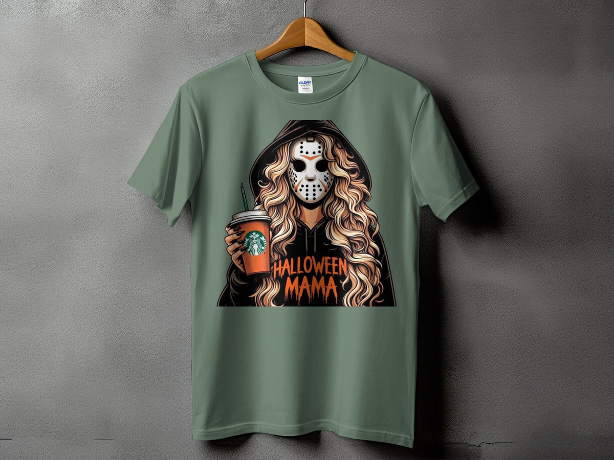 Green t-shirt with a graphic of a woman in a hockey mask holding a coffee cup.