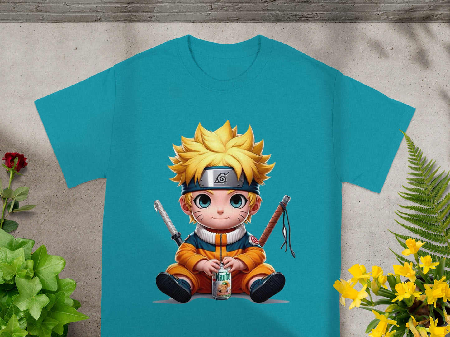 Cartoon Naruto sitting with ramen, wearing a blue headband and orange outfit.