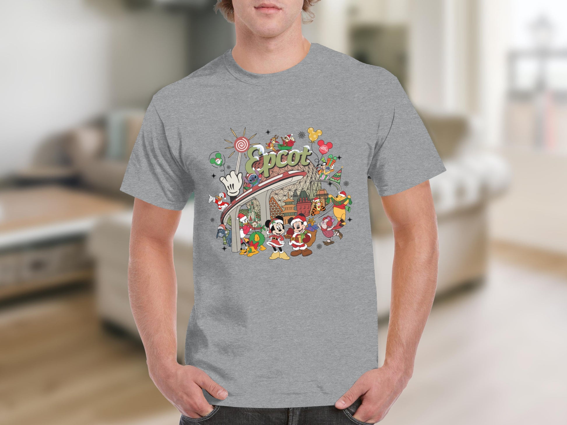 Vibrant Epcot Characters Themed Gray T-Shirt