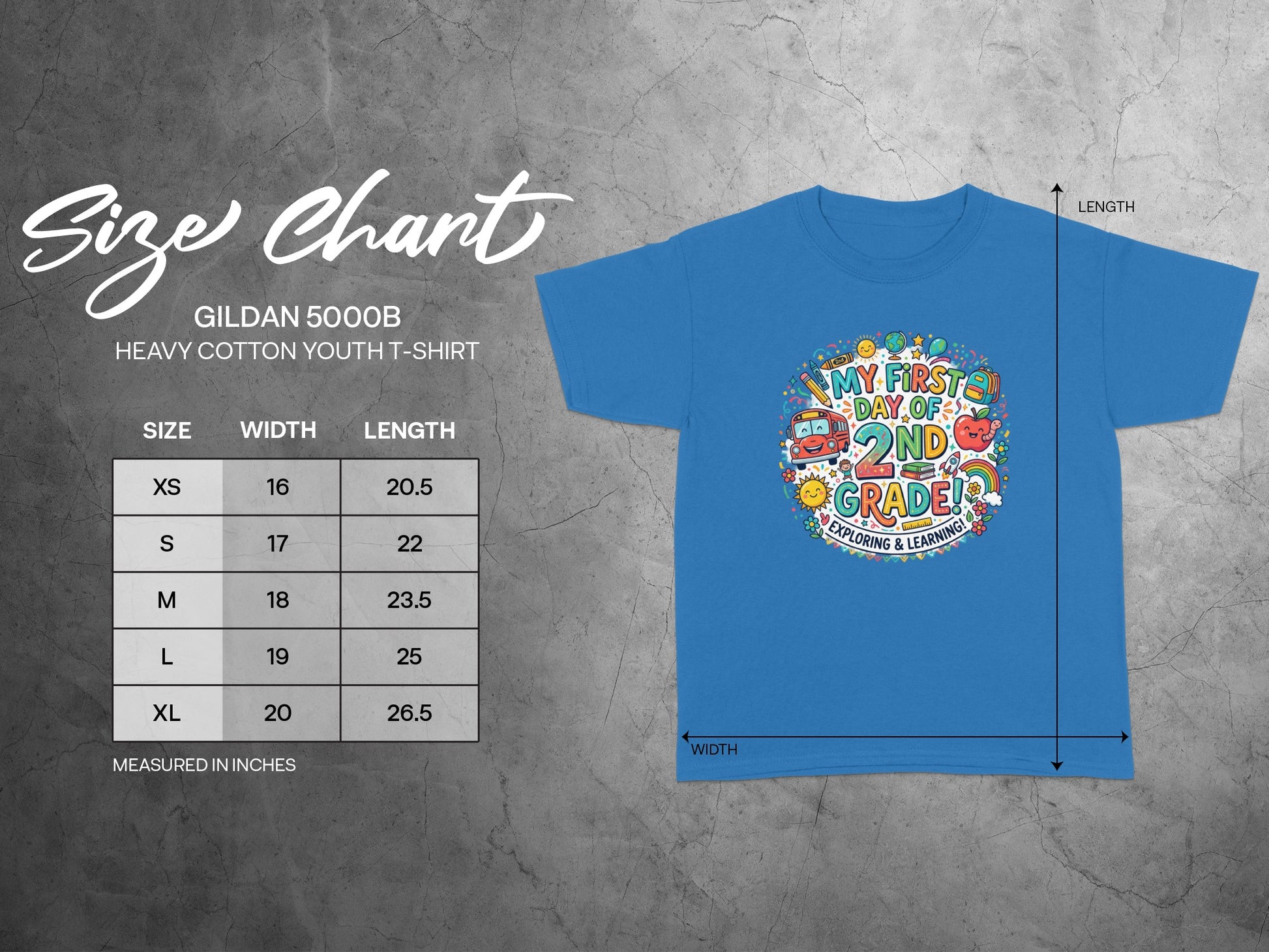 Blue youth t-shirt with "My First Day of 2nd Grade" graphic and size chart.