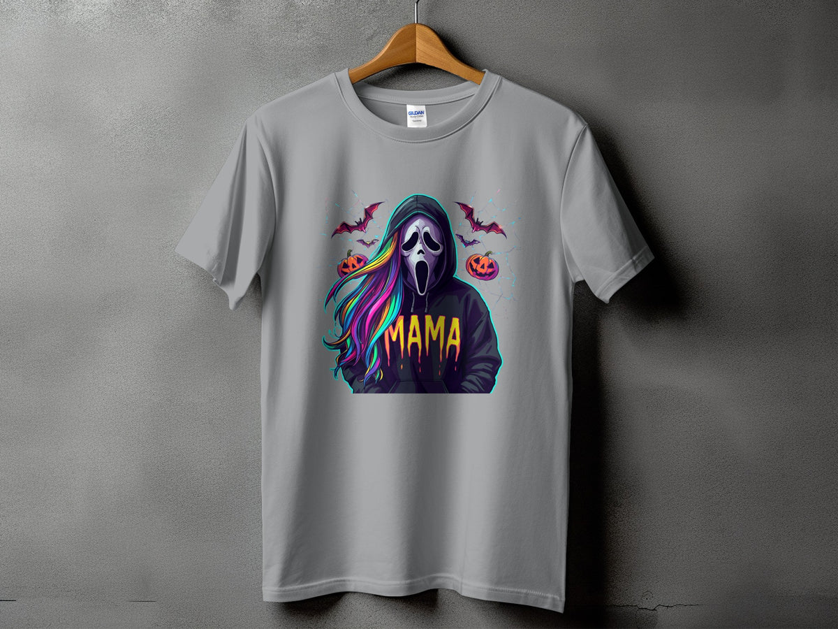 Ghostface with rainbow hair and "MAMA" text on a gray t-shirt with bats and pumpkins.