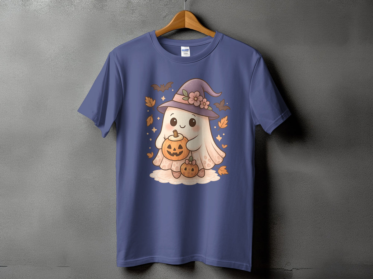 Blue t-shirt with a cartoon ghost wearing a witch hat and holding pumpkins.