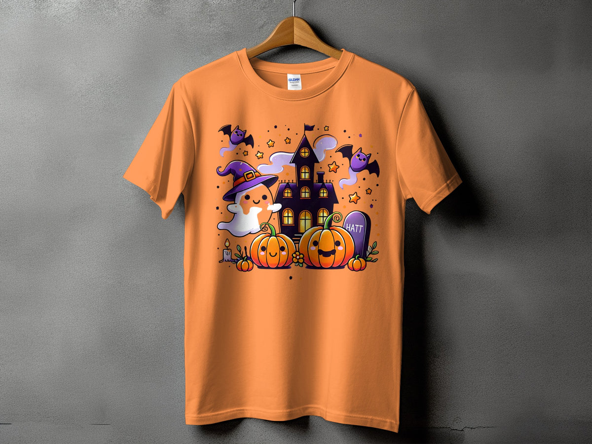 Orange t-shirt with a Halloween graphic featuring a ghost, pumpkins, bats, and a haunted house.