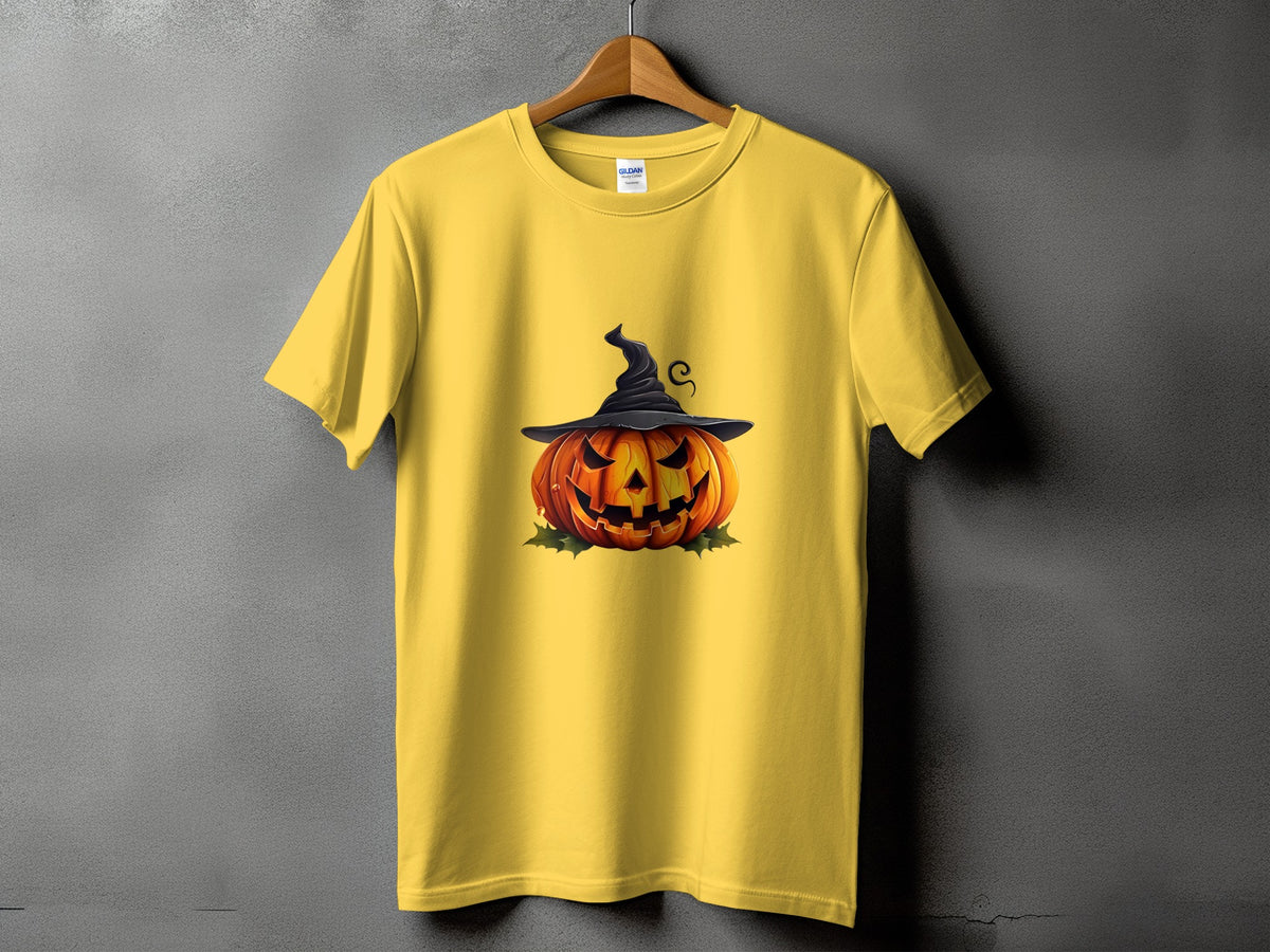Yellow t-shirt with a jack-o'-lantern wearing a witch hat graphic.