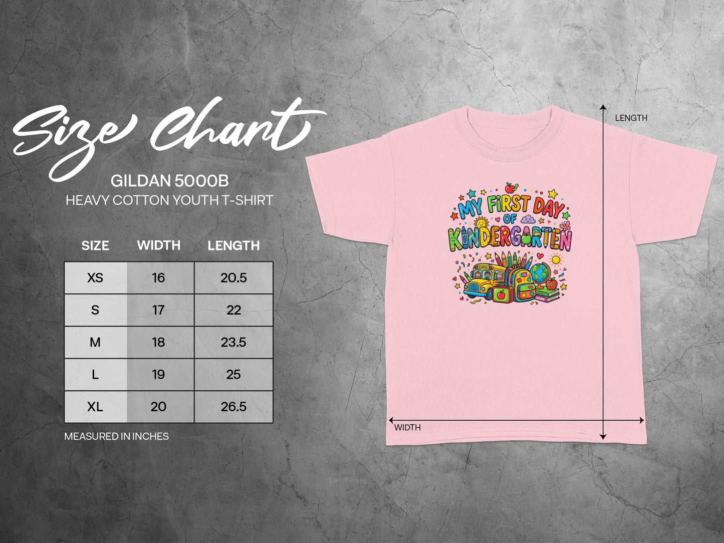 Gildan Youth T-Shirt size chart with width and length measurements in inches.