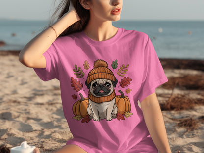 Cute Pug with Pumpkins and Leaves Pink T-shirt