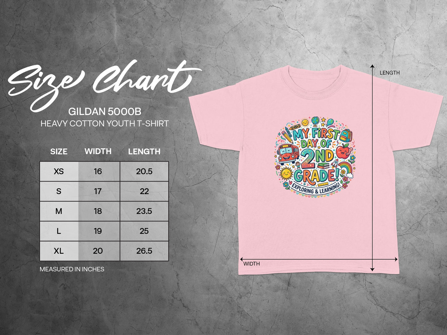 Gildan 5000B youth t-shirt size chart showing width and length measurements in inches.