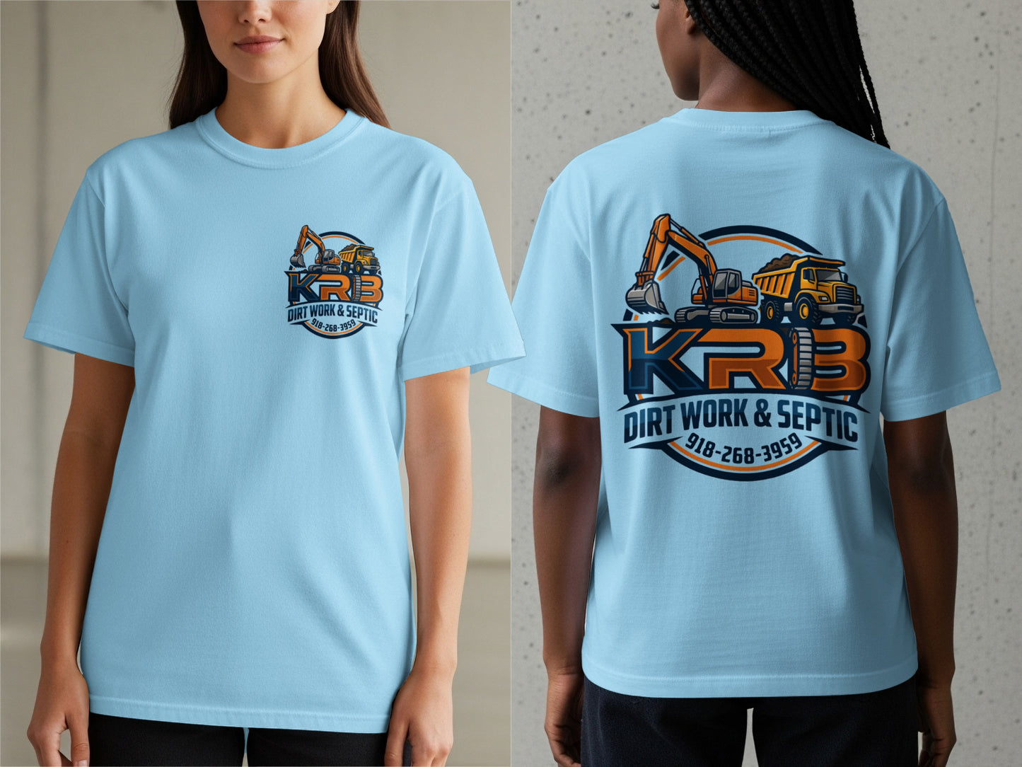 Light blue t-shirt with KRB Dirt Work & Septic logo on back featuring excavator and dump truck and phone number.